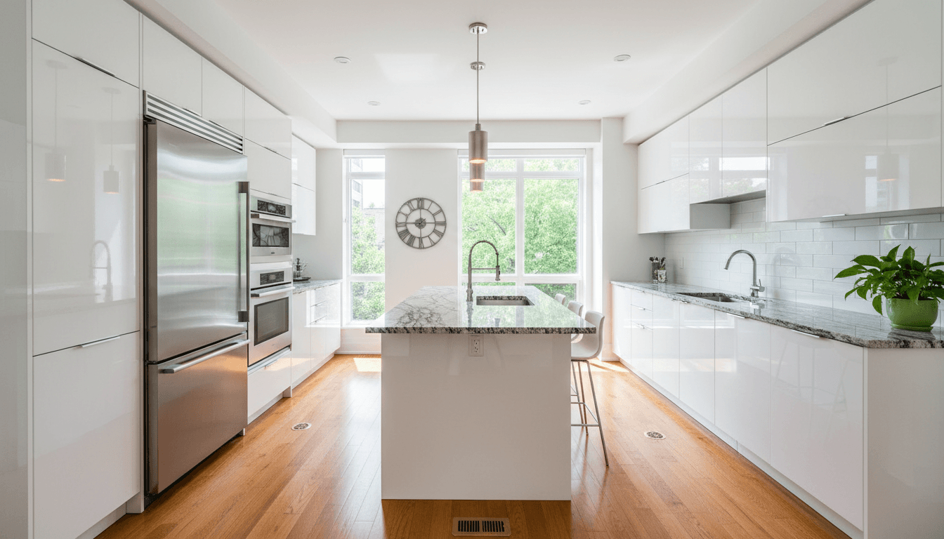 Modern kitchen renovation with white cabinets and stainless steel appliances in Toronto home