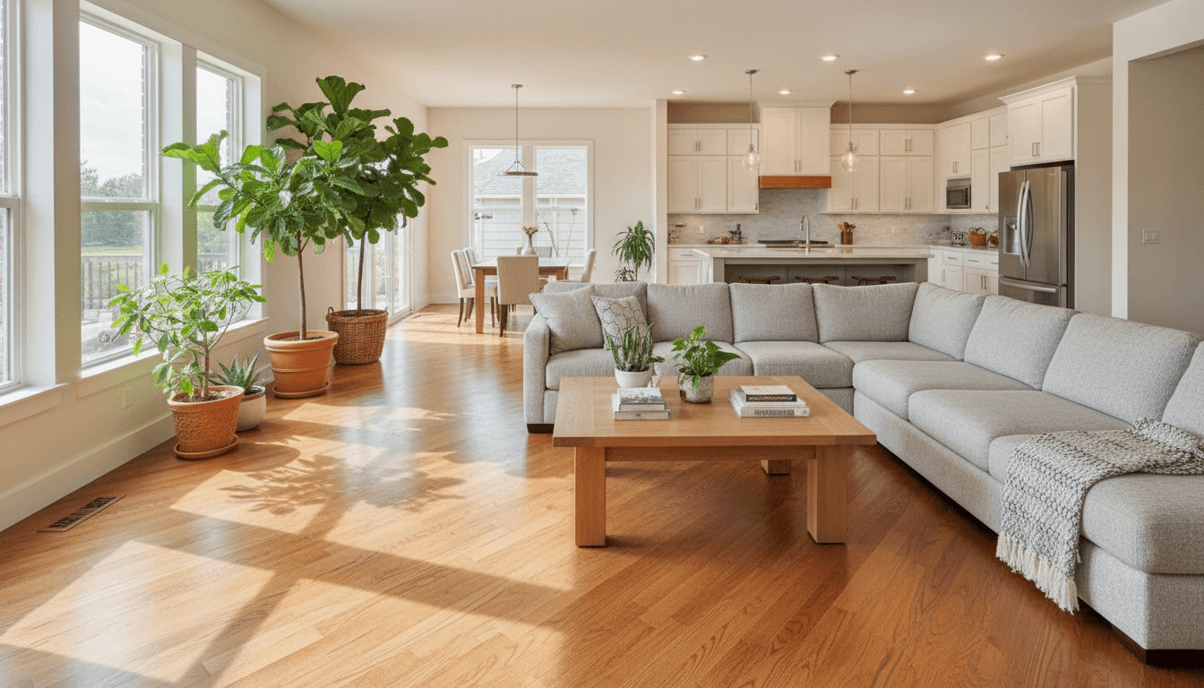 Open concept living room after renovation with new hardwood floors