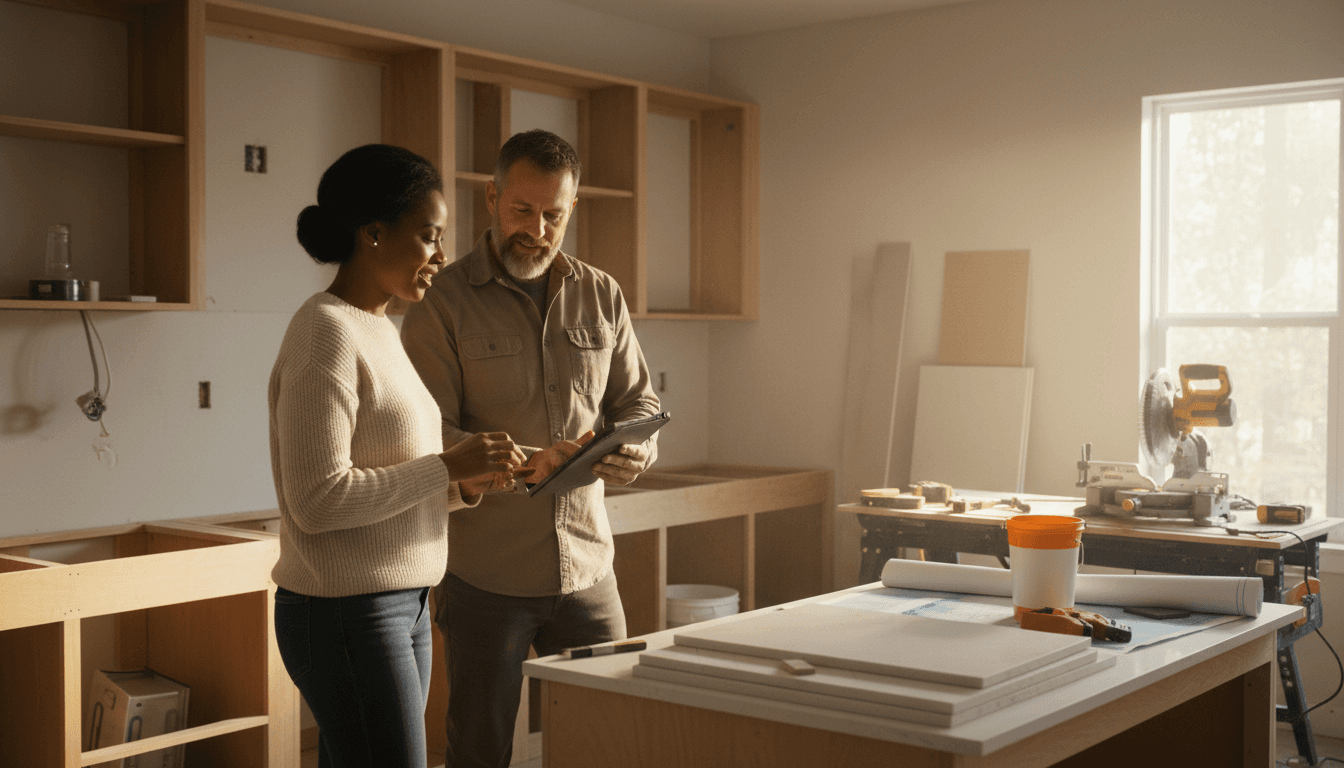 contractor reviewing renovation plans with a homeowner in a bright kitchen