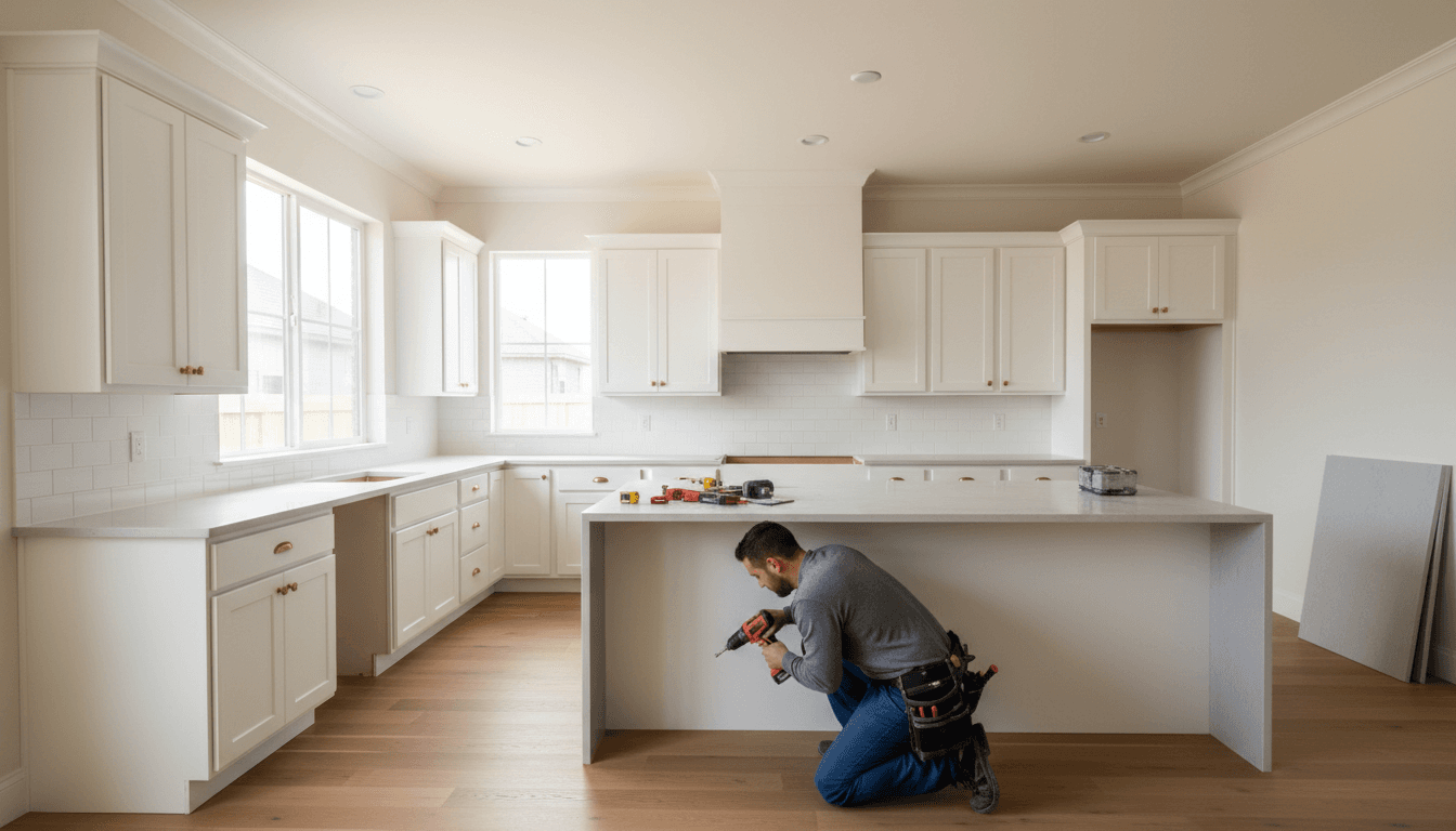Modern renovated kitchen with white shaker cabinets and quartz countertops