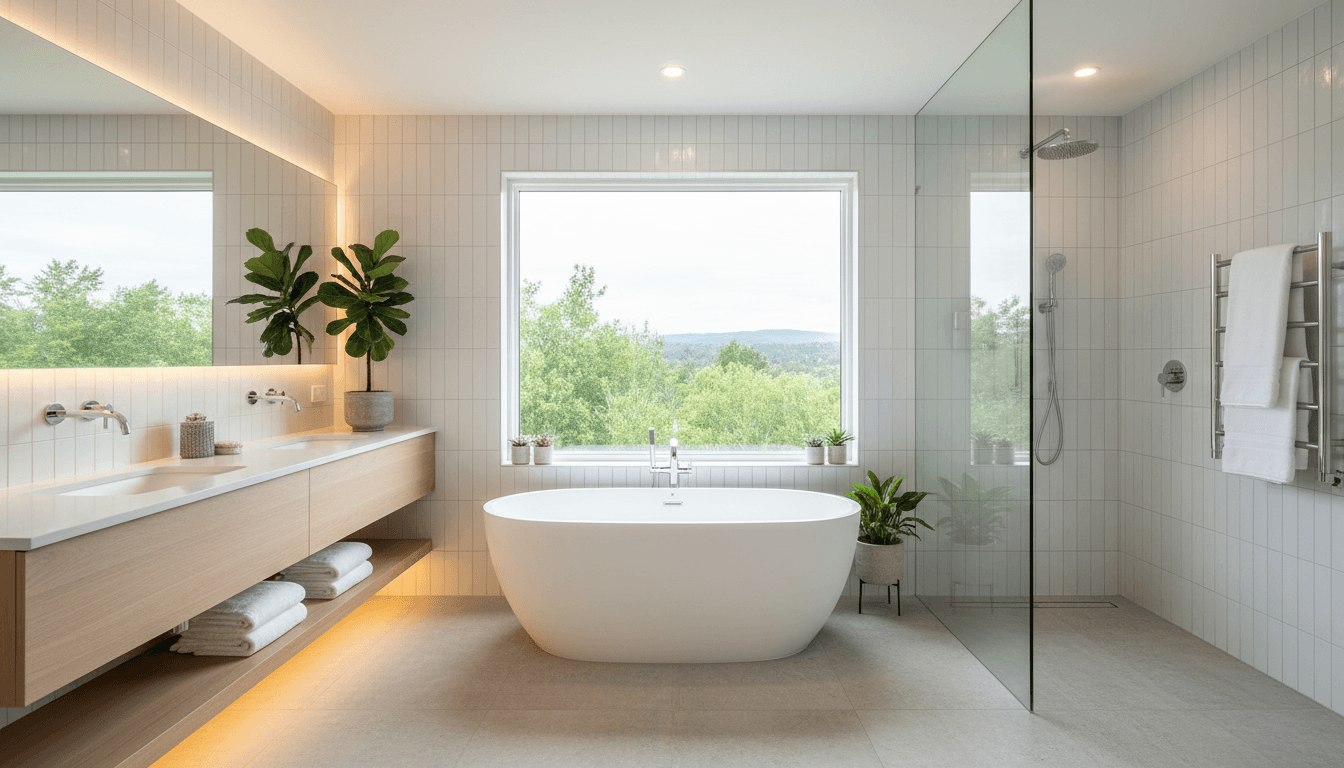 Renovated bathroom with walk-in glass shower and freestanding tub