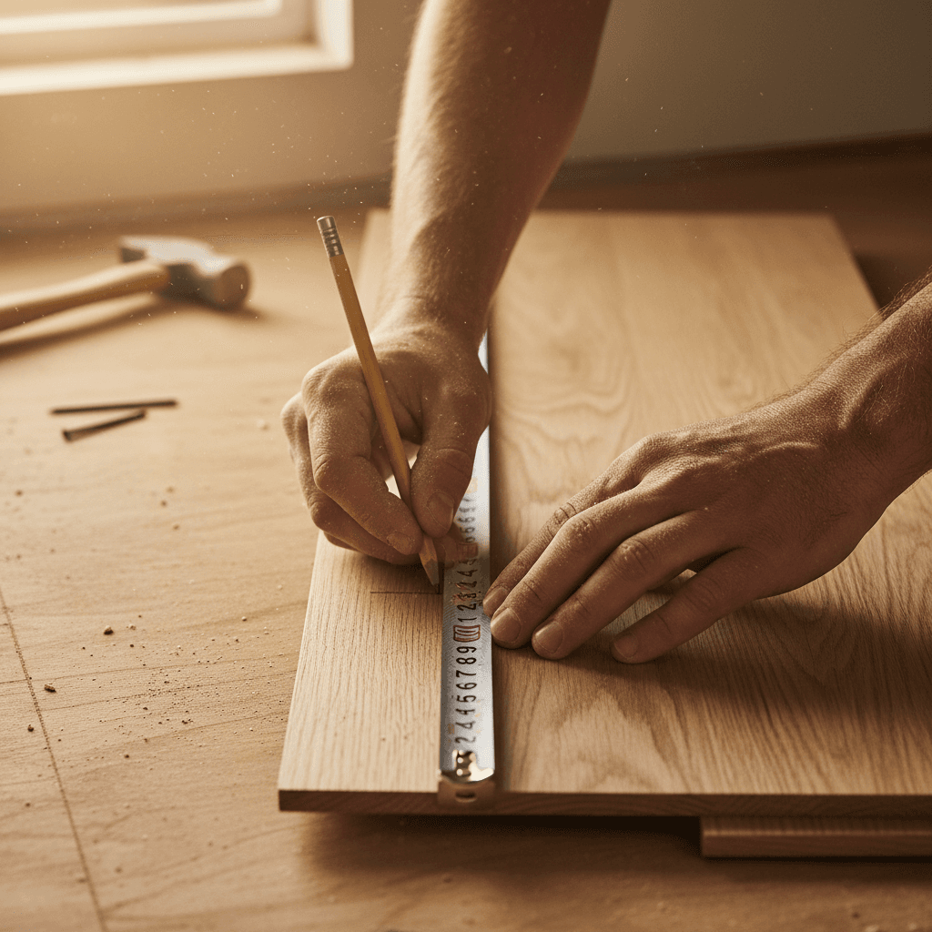 Contractor measuring wood in a modern home during a renovation
