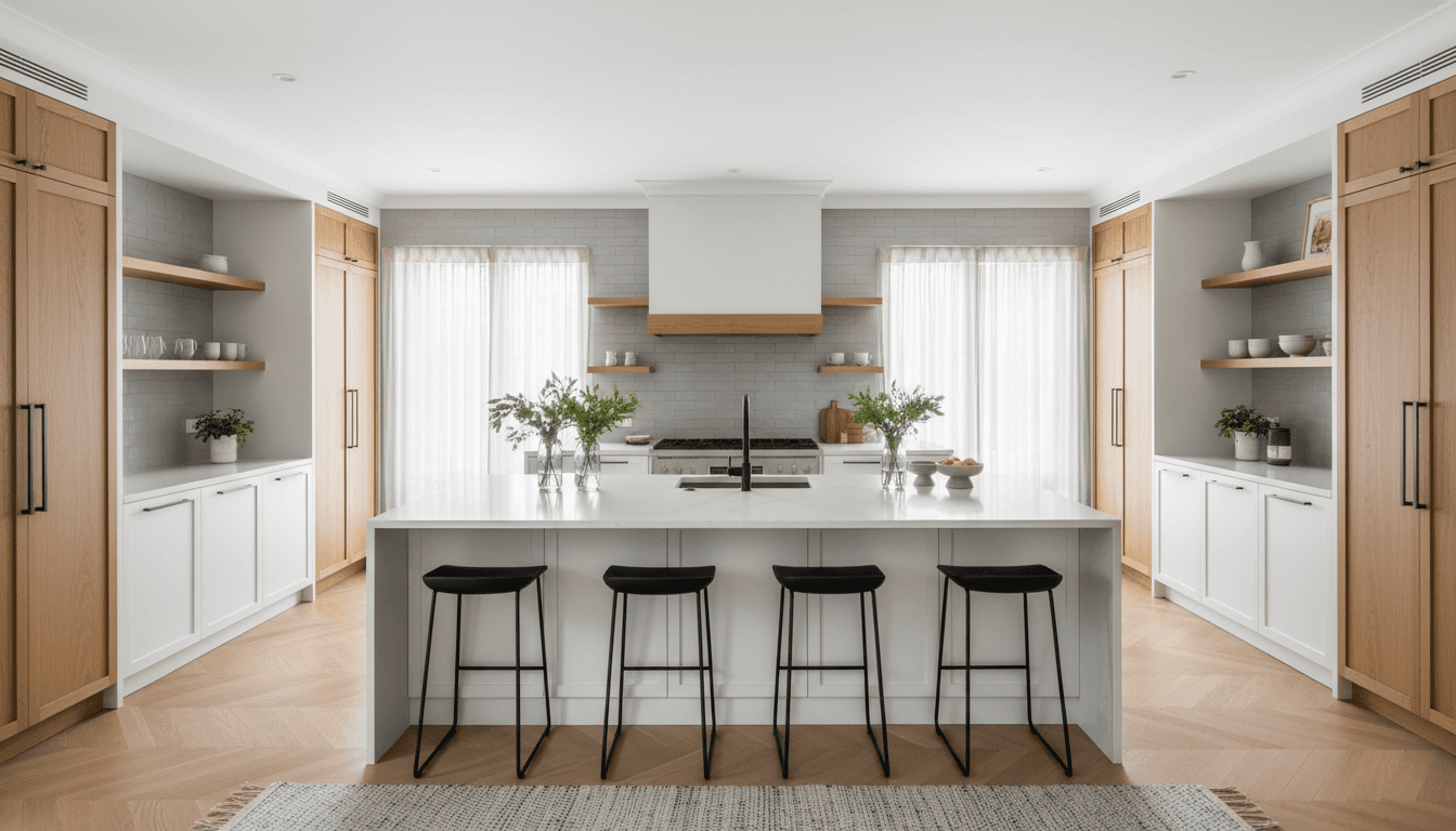 Bright modern renovated kitchen with white cabinets and wooden countertop